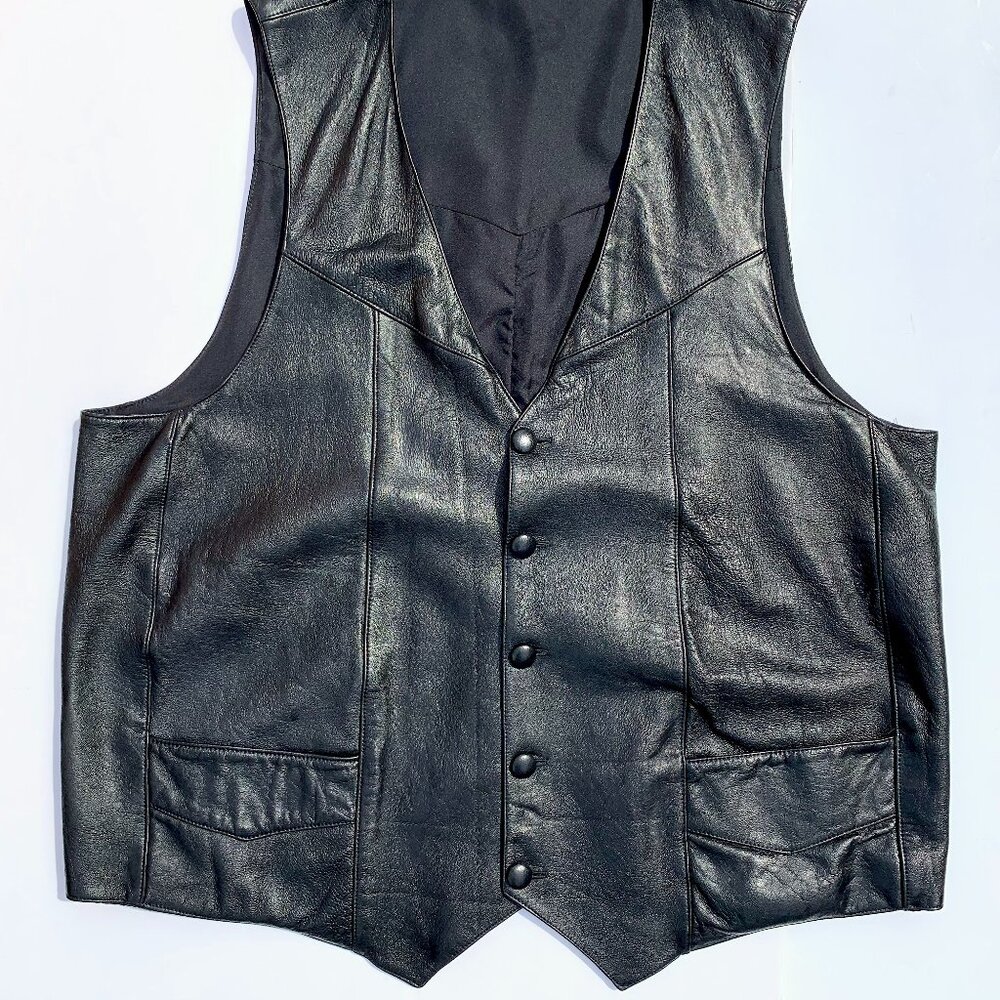 Men’s Custom Black Leather Vest w/Front Pockets & Buttons, XXL